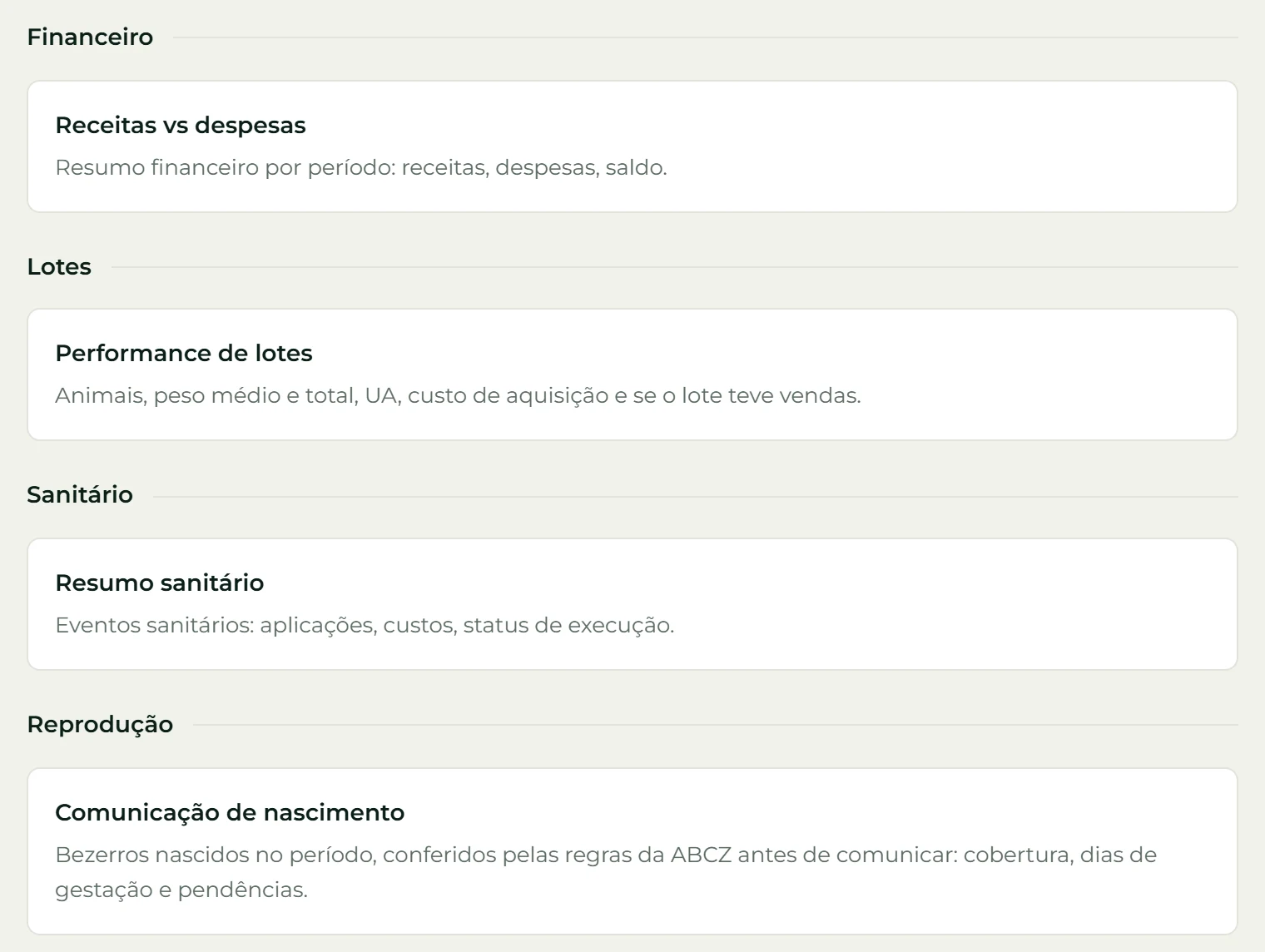 Central de relatórios do Ortu Agro: receitas vs despesas, performance de lotes, resumo sanitário e comunicação de nascimento, prontos pra imprimir ou exportar