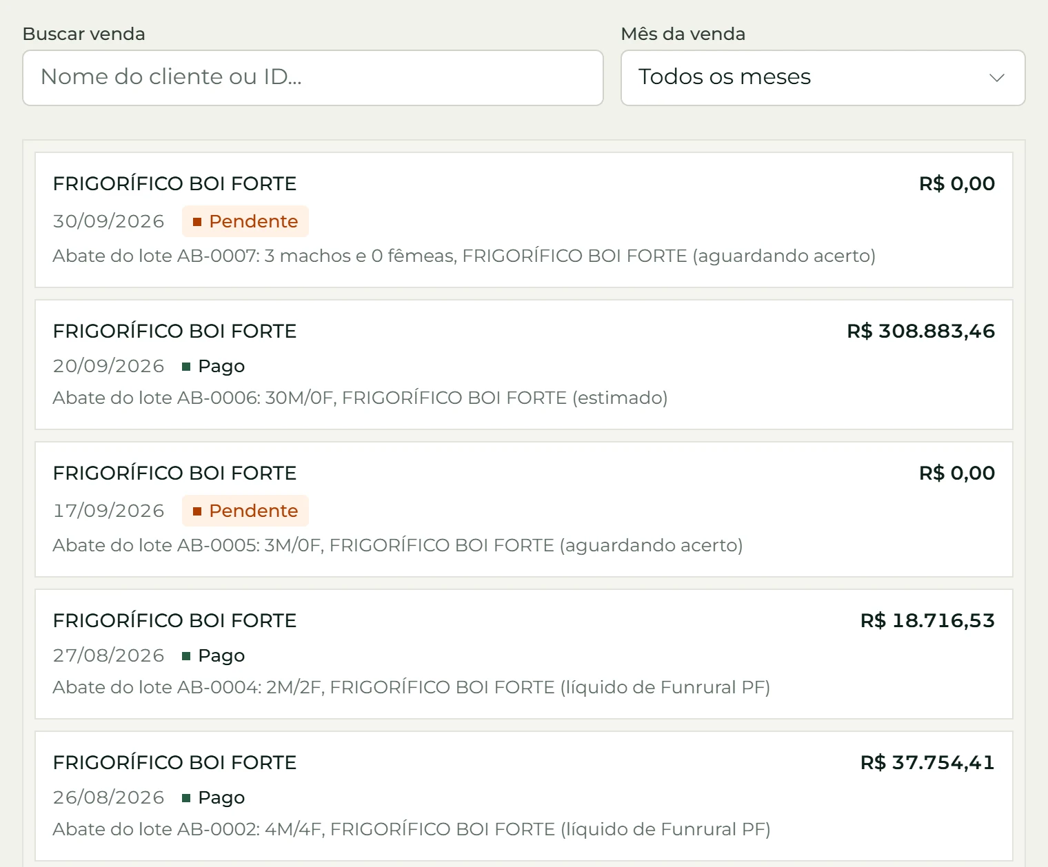 Vendas do Ortu Agro: busca e filtro por mês, e as vendas mais recentes com cliente, valor e status